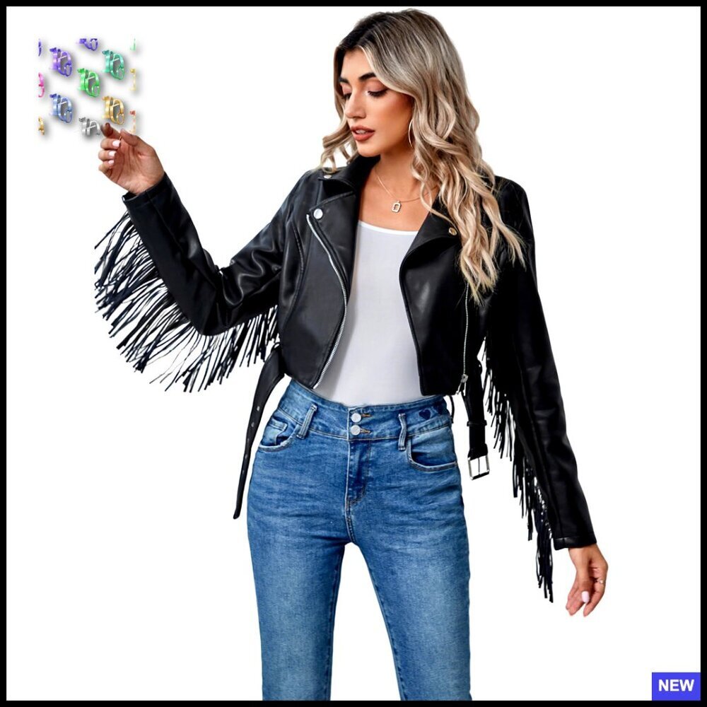 Faux Leather Moto Jacket Tassel Trim Lapel Zipper Belted Cropped Chic